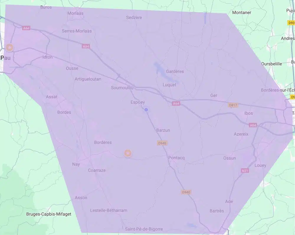 carte de la zone d'intervention qui va de Pau à Tarbes